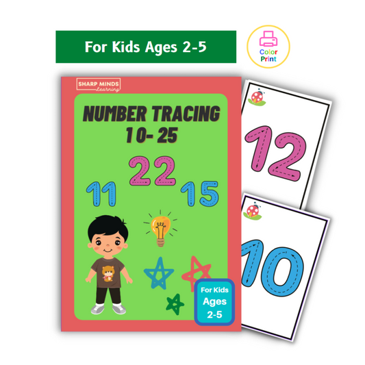 Number Tracing 10-25, 16 Color Pages, For Kids Age 2-5