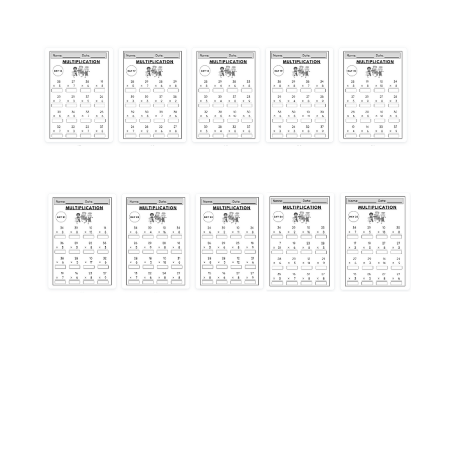 Math Multiplication Worksheet, 25 pages, For kids ages 5-7